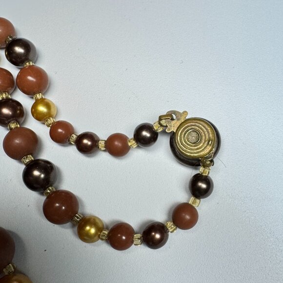 Vintage Beaded Necklace with Tassel Pendant Faux Plastic Pearls Brown and Gold - Picture 5 of 8